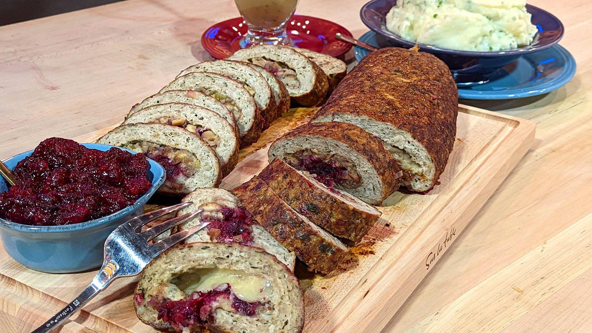 Pilgrim Rolled Turkey Meatloaf with Apple Walnut Stuffing, Cracked Cranberries, Gravy & Mashed Potatoes