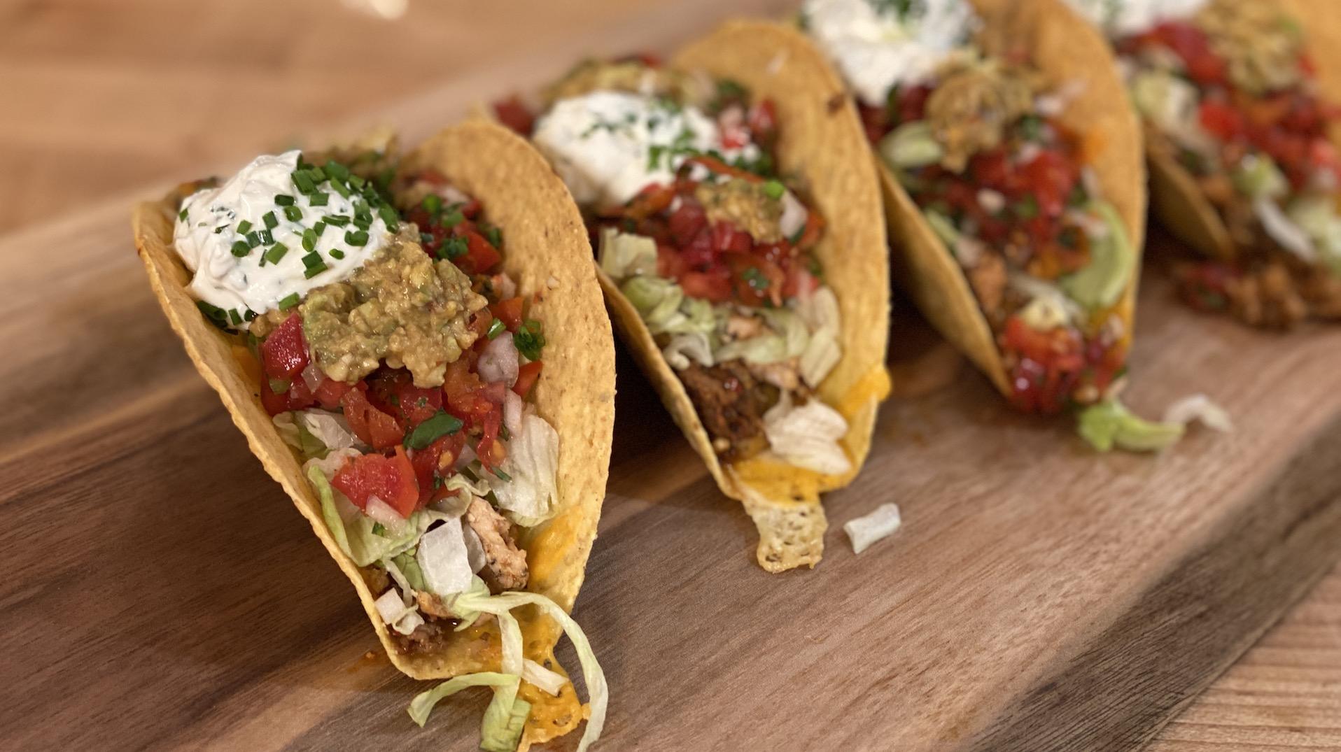 Seven-Layer Tacos With Chicken and Chorizo | Hard Shell Taco Recipe