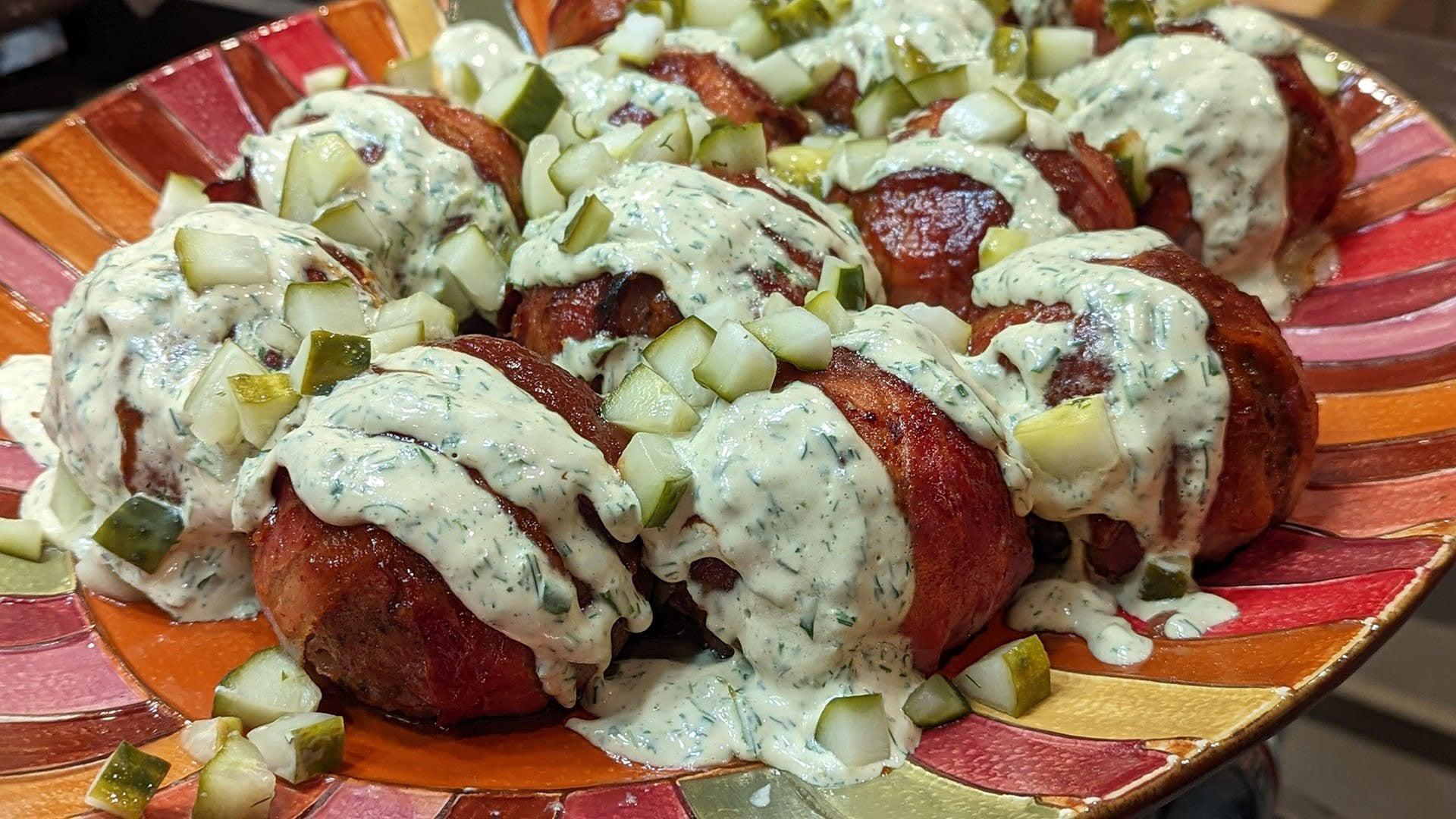 Baseball Meatballs with Bacon Laces, BBQ Sauce Brush and Ranch Drizzle