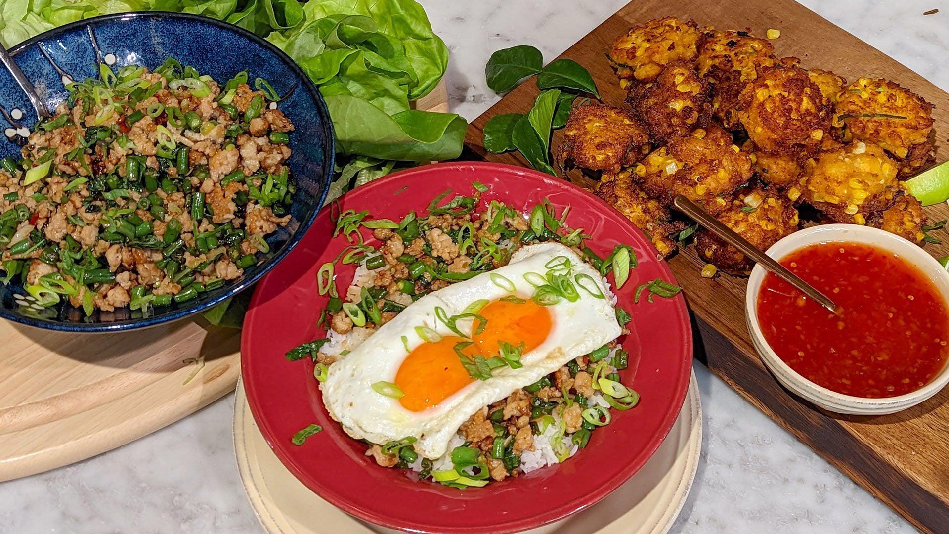 Snackable Supper: Corn Fritters with Thai Chili Sauce + Thai Chicken with Basil