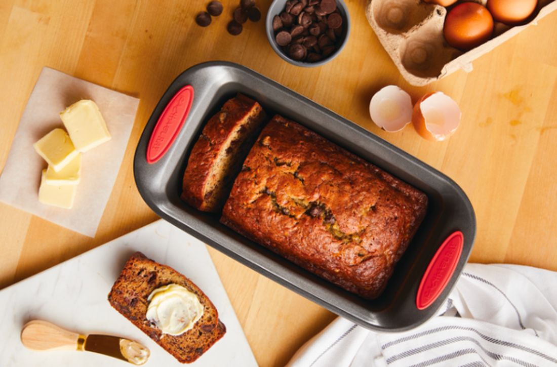 Chocolate Chip Banana Bread in a Loaf Pan in the Kitchen