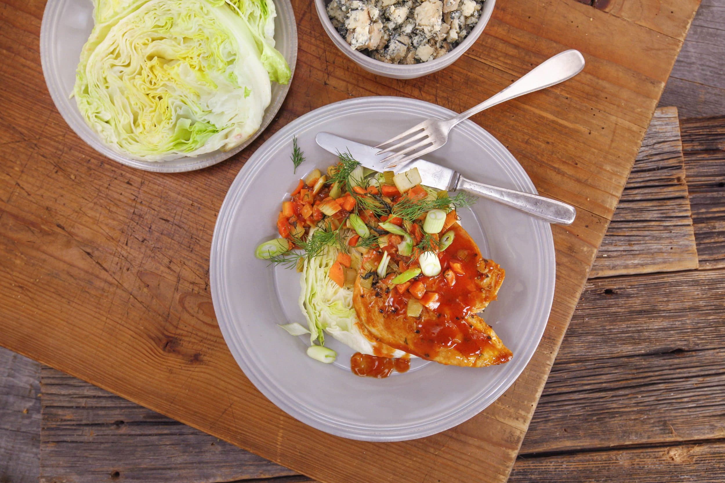 Buffalo-Dipped Chicken Paillard and Blue Iceberg Wedges