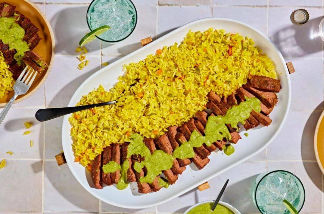 Vegetarian Carne Asada Steaks with Poblano Chimichurri and Sofrito-Saffron Rice