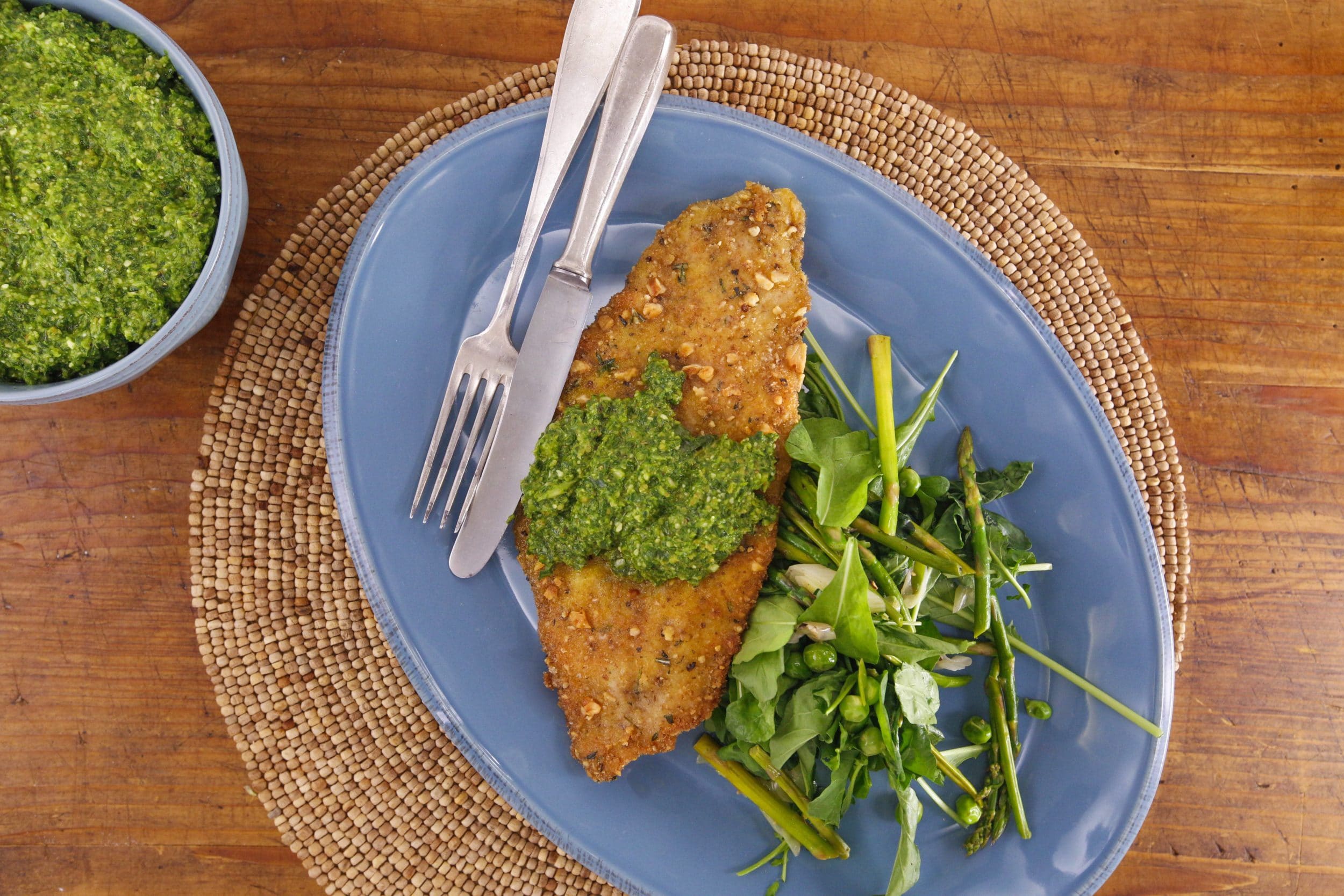 Filet of Sole Cutlets with Lemon-Chard Pesto, Spring Vegetables and Arugula