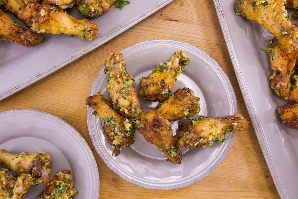 Garlic and Parm Chicken Wings with Caprese Salad