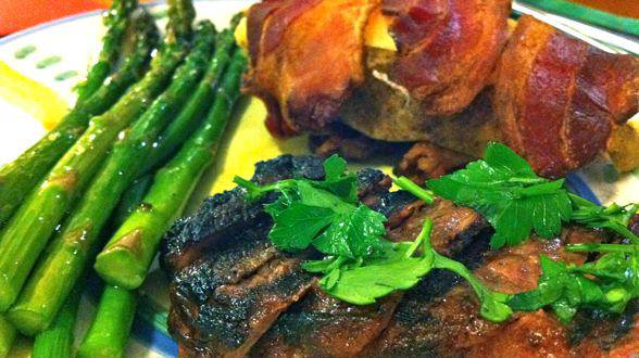 Cast Iron Steaks and Bacon-Wrapped Potato Skins