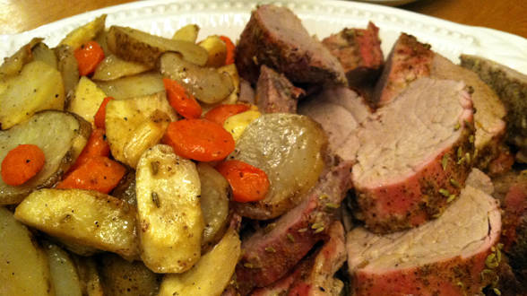 Roast Pork Tenderloins with Roasted Carrot, Parsnip, Potato and Warm Apple and Savoy Cabbage Slaw