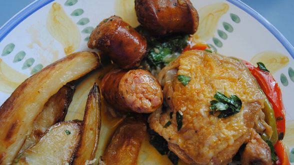 Chicken and Chorizo Skillet Supper with Thick-Cut Oven Fries in Garlic and Paprika Butter