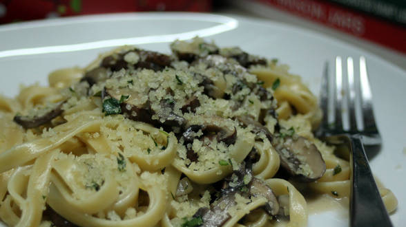 Creamy Mushroom and Marsala Fettuccine with Garlicky Breadcrumb Topping