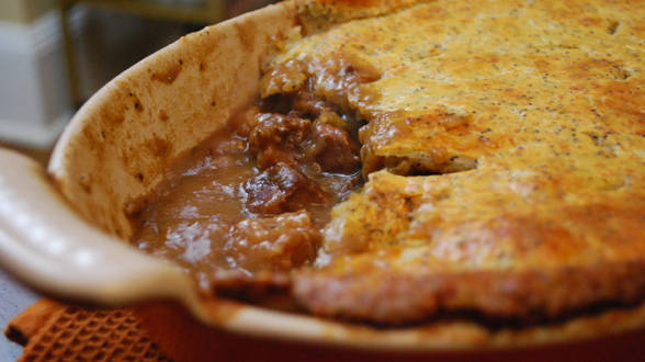 Beef Pot Pie Casserole with Cheddar Poppy Crust