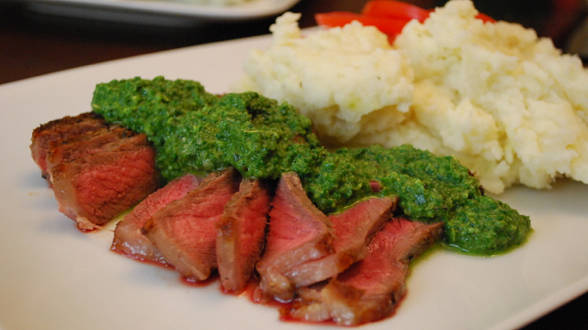 Sliced Steak with Arugula Chimichurri and Sassy Mashed Potatoes and Parsnips