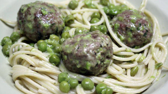 Spaghetti with Creamy Spring Pea Pesto and Roasted Baby Meatballs