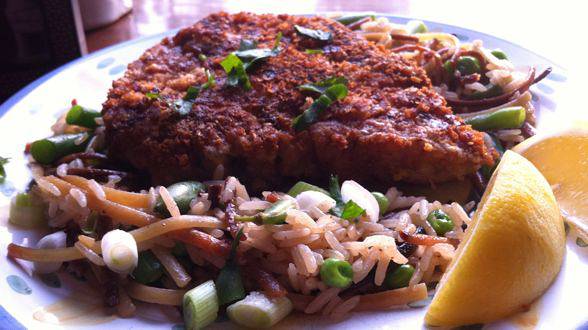 Breaded Pork Chops and Spring Vegetable Pilaf