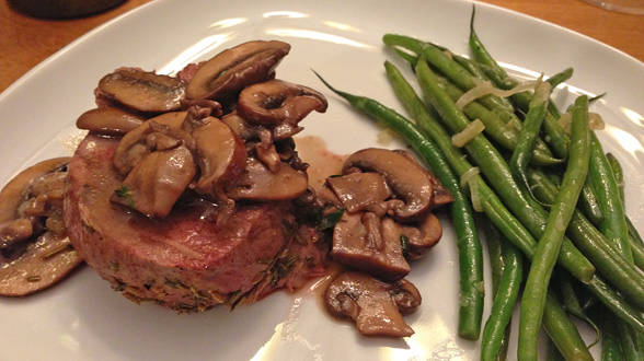 Fancy Fillet of Beef with Marsala Sauce, Roasted Garlic Mashed Potatoes and Green Beans