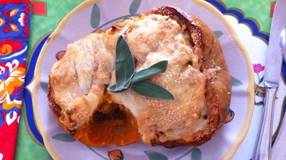 Roasted Butternut Boats Stuffed with Sausage, Toasted Pasta and Rice