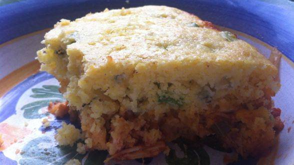 Buffalo BBQ Pulled Chicken Casserole with Blue Cheese Cornbread Topper