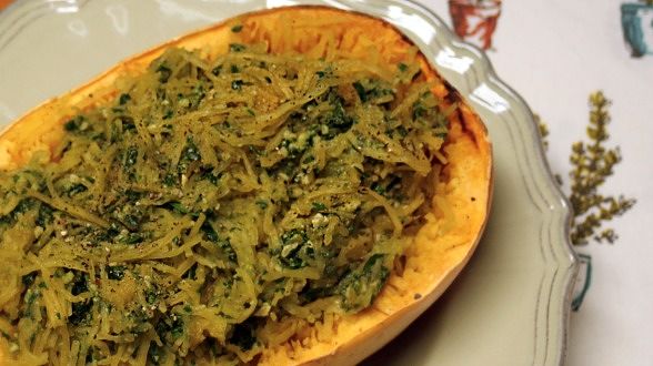 Spaghetti Squash with Warm Spinach-Walnut Pesto