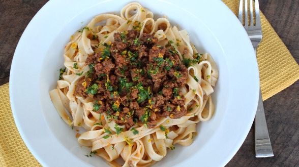 Lamb Ragu Tagliatelle with Citrus, Saffron and Mint