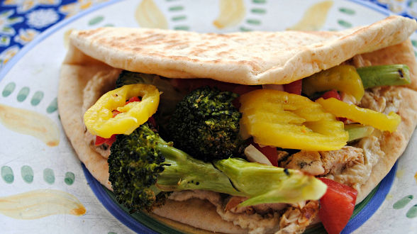 Grilled or Roasted Broccoli and Sliced Chicken Pitas with Tahini Sauce