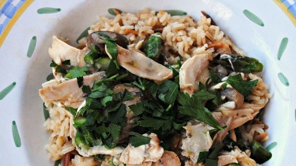 Mushroom, Asparagus, Chicken Sauté with Rice Pilaf