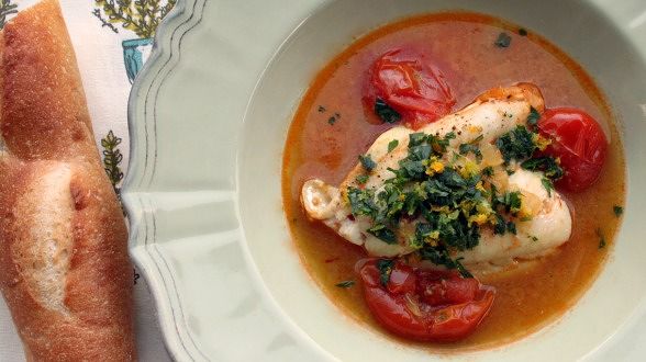 Sicilian-Style Saffron Cod with Burst Tomatoes