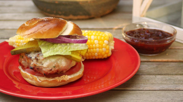 Turkey Cheeseburgers with Beer-B-Q Sauce on Pretzel Rolls