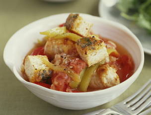 Chicken Sausage, Pepper and Onion Stoup with Tomato-Basil Gobble-'Ums