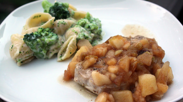 Pork Chops with Golden Apple Raisin Sauce and Whole Wheat Mac 'n Cheddar with Broccoli