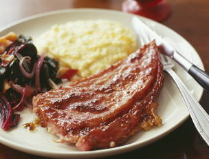 Sweet 'n Spicy Red Eye Ham Steaks with Cheese Grits and Seared Chard