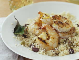 Bay and Lemon Shrimp Skewers with Olive Couscous