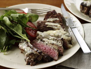 Tenderloin Steaks with Gorgonzola and Herbs and Roasted Garlic and Grape Tomato Pasta with Basil and Arugula