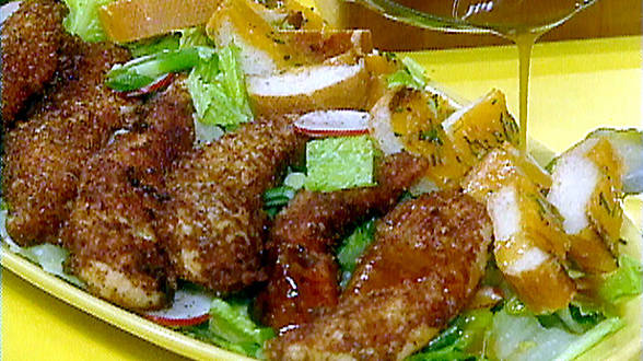 Pecan Crusted Chicken Tenders and Salad with Tangy Maple Dressing