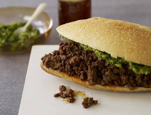 Ropa Vieja Joses (Cuban Sloppy Joes), Sliced Tomatoes, Plantain Chips and Mojo Sauce