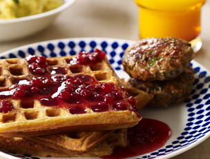 Savory Sour Cream and Chive Waffles with Sausage and Lingonberry Syrup