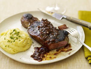 Red-Eye Chili Gravy Steaks with Cheddar-Chive Polenta