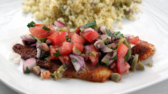 Grilled Spanish-Style Snapper with Tomato and Green Olive Salsa