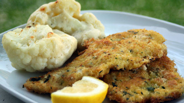 Pine Nut Chicken Cutlets with Cauliflower au Gratin