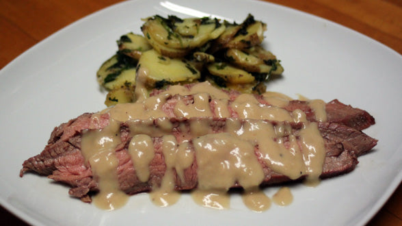 Sliced Steak with Horseradish Gravy and Potato and Watercress Hash