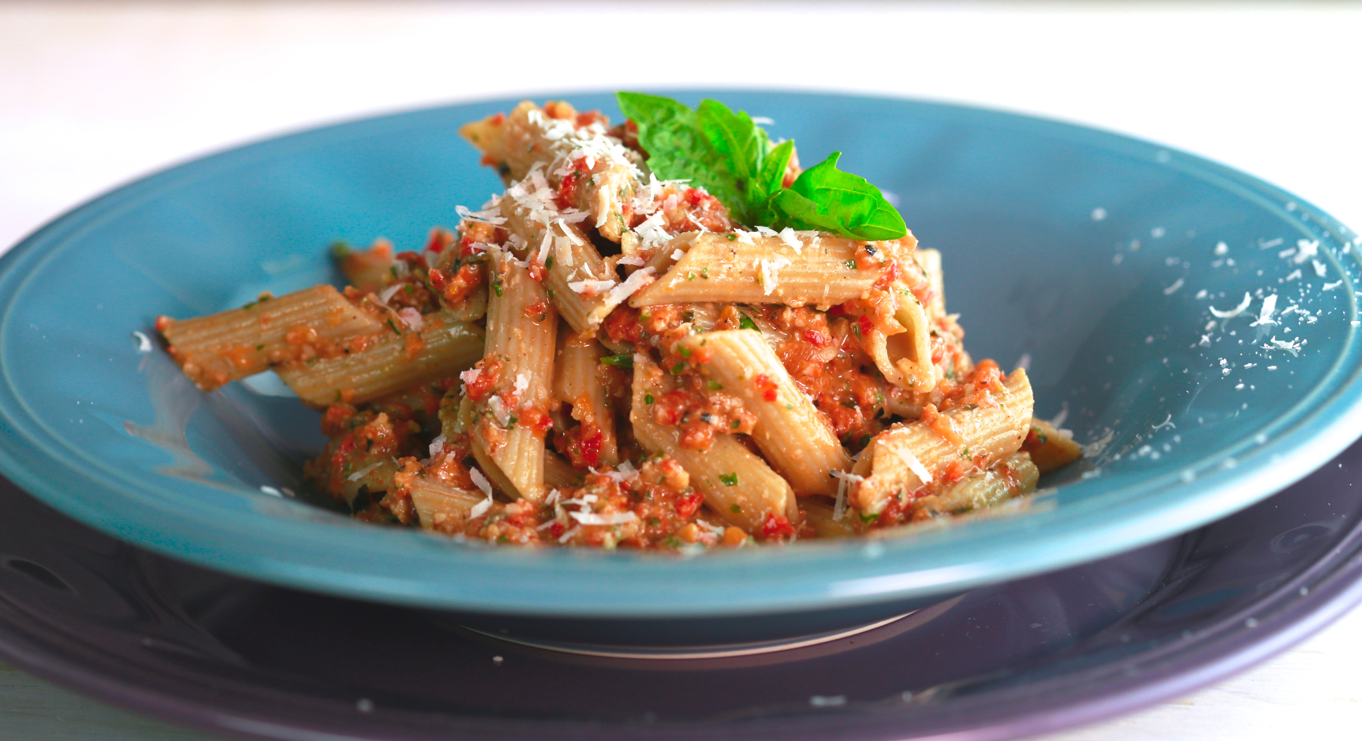 Roasted Pepper and Garlic Pesto with Whole Grain Pasta