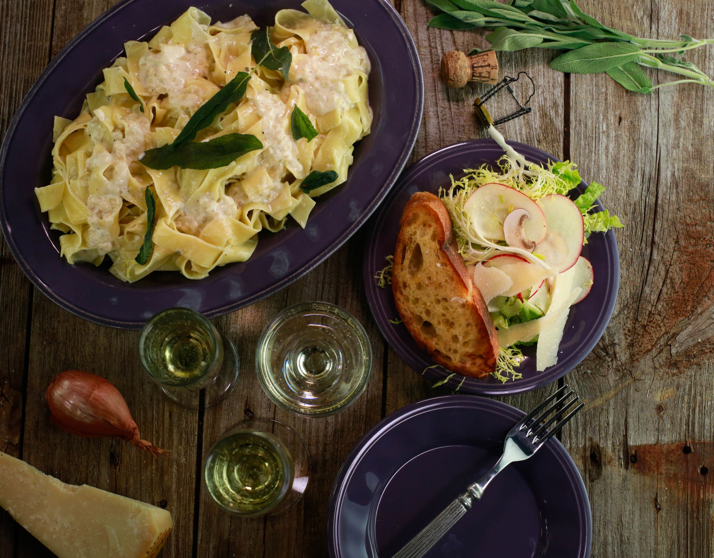 Fettuccine with Champagne Cream Sauce and Sage Toast