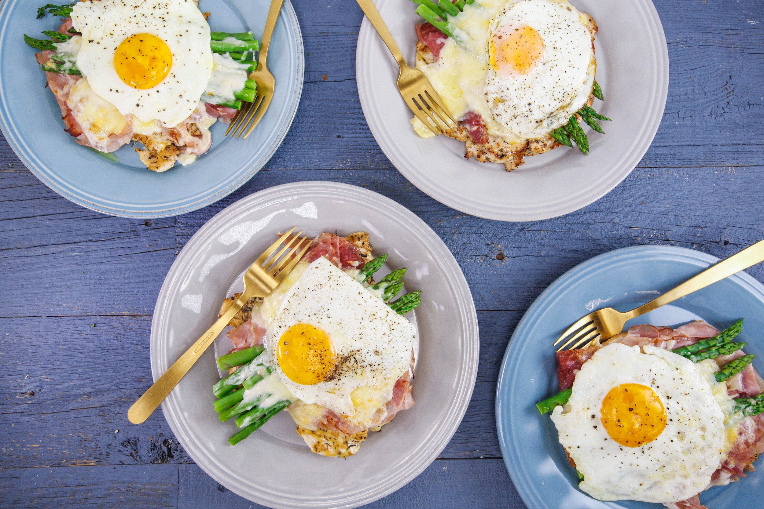 Rachael's Chicken Paillard Croque Madame with Asparagus