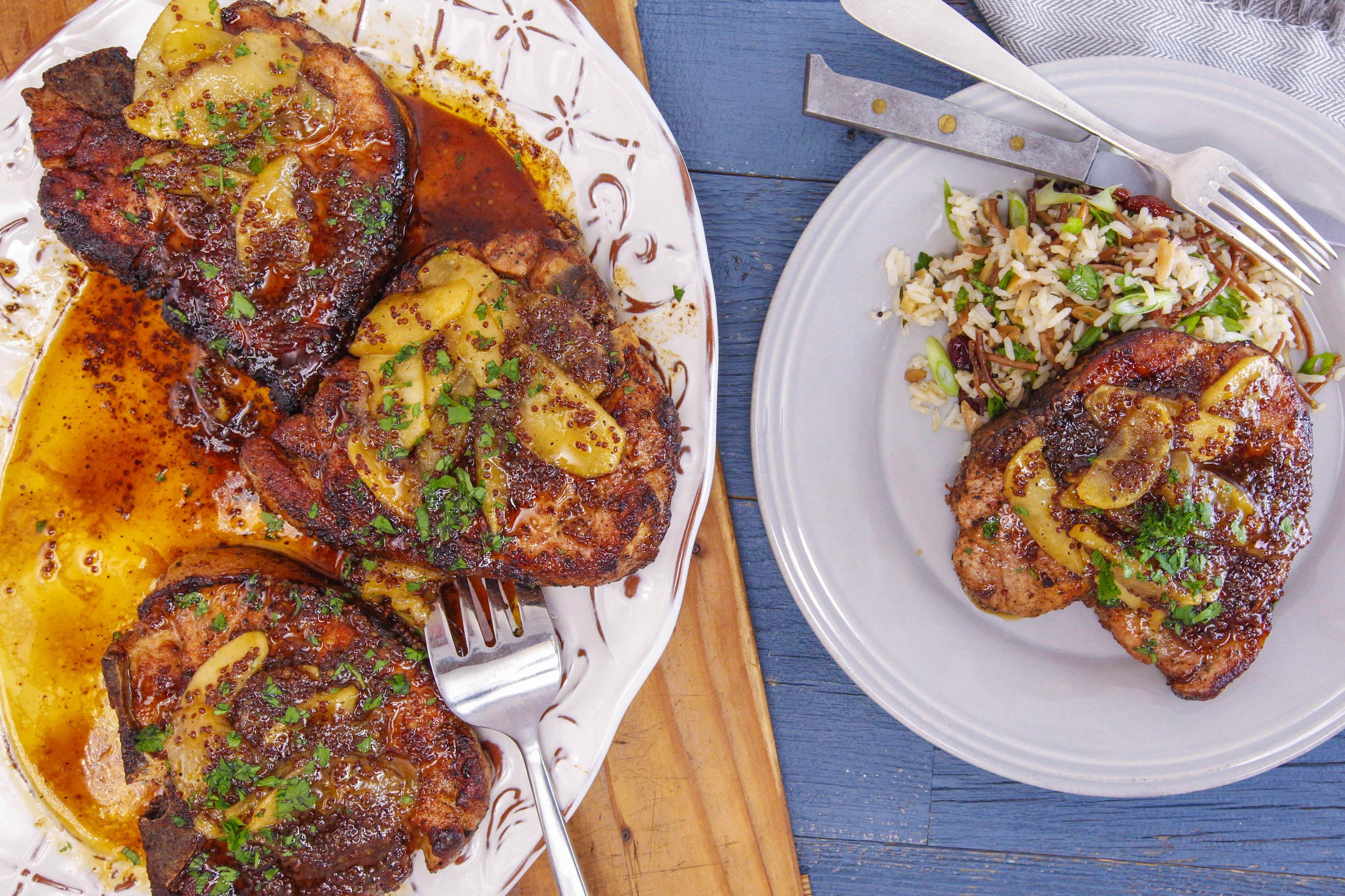 Maple-Mustard Chops with Apples and Fancy Rice with Cranberries