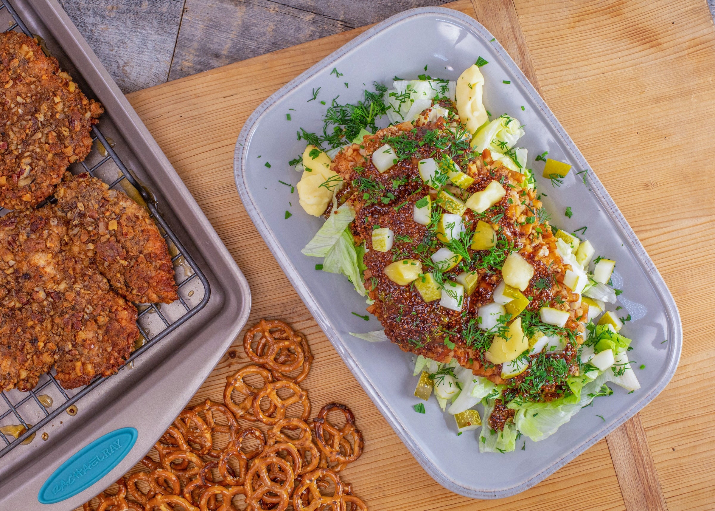 Rachael’s Pecan-Crusted Chicken Cutlets with Maple-Mustard Drizzle, Cheese Crumbles and Pickles