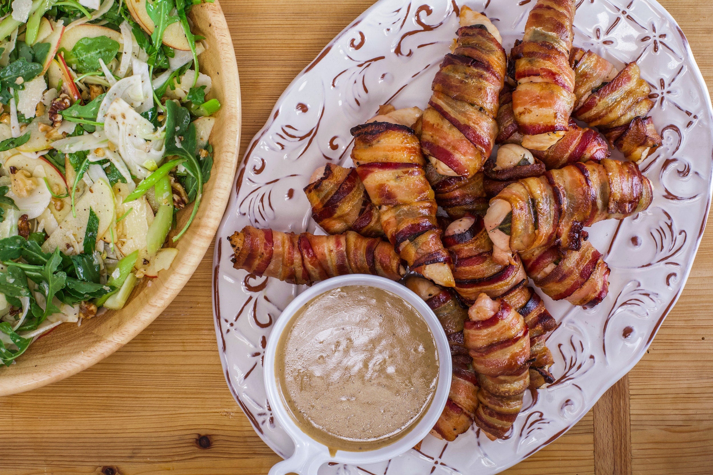 Rachael's Bacon Saltimbocca Chicken Tenders with Balsamic, Honey and Mustard Sauce