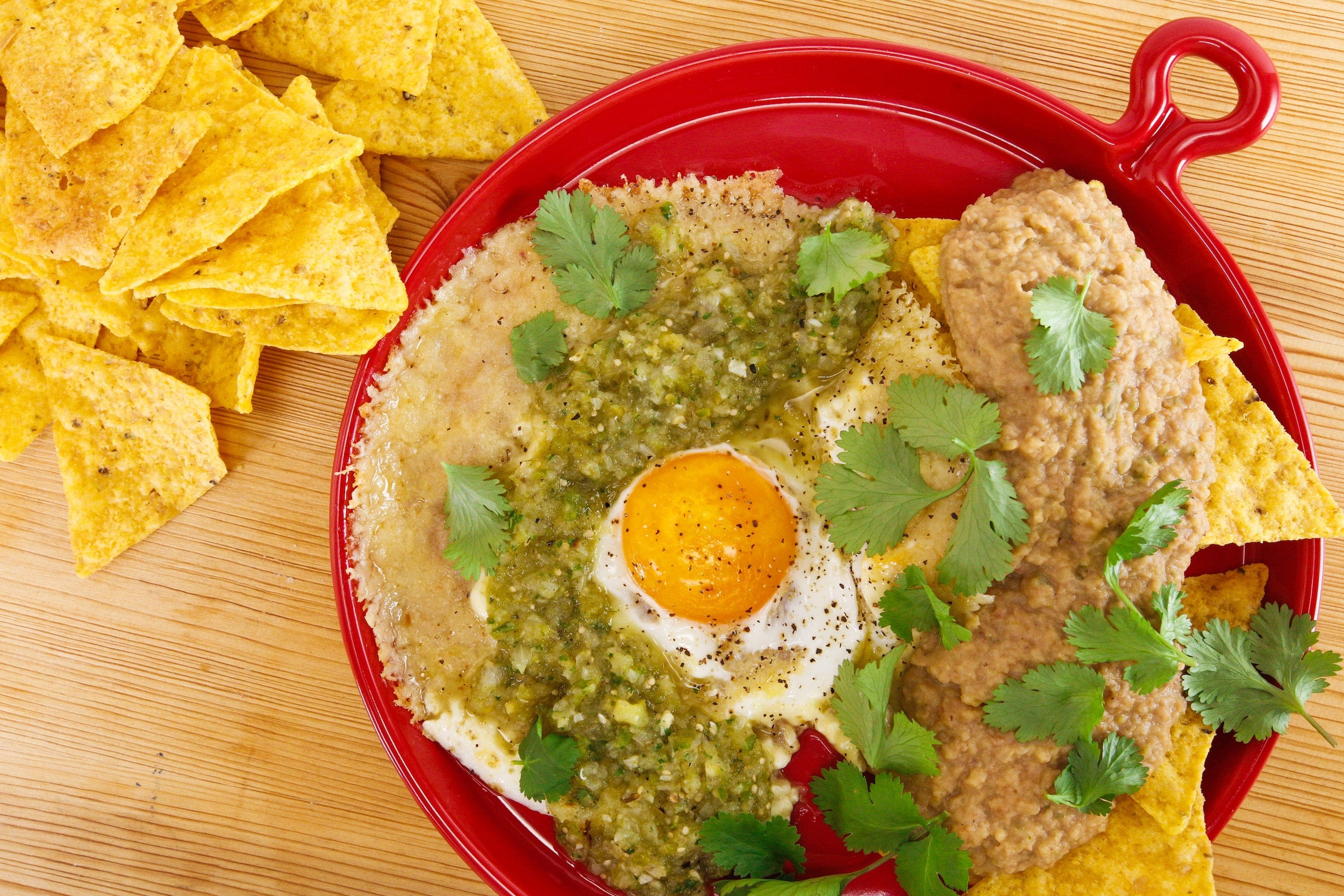 Rachael's Pepper Jack Frico Eggs with Salsa Verde and Bean Dip 'n' Chips