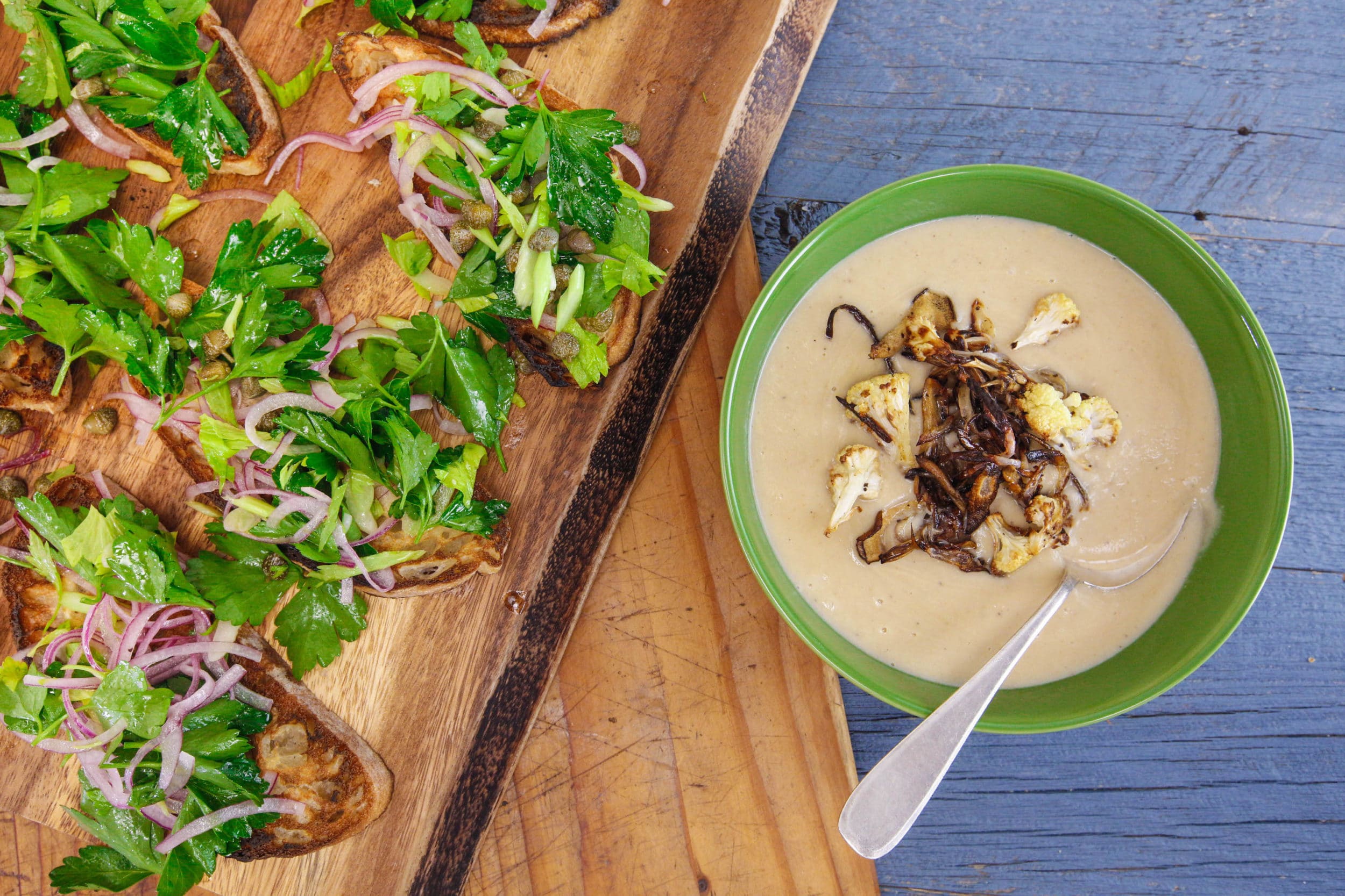 Roasted Cauliflower Soup and Parsley Salad Bruschetta