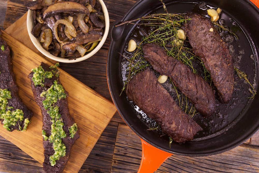 Sliced Hanger Steaks with Horseradish Gremolata & Portobellos with Onions & Worcestershire