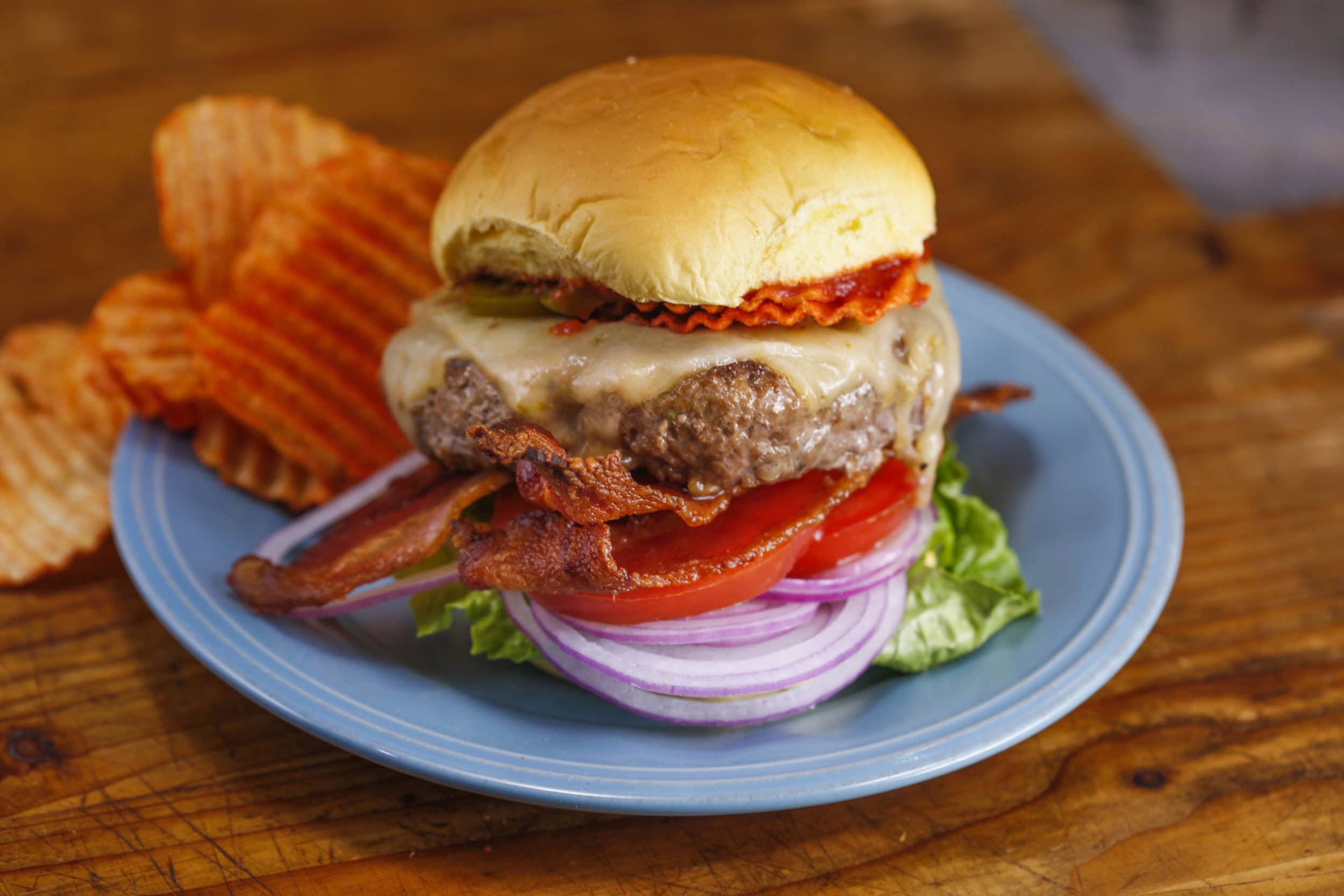 'Some Like It Hot' Garlicky Bacon Cheeseburgers with Sriracha Ketchup