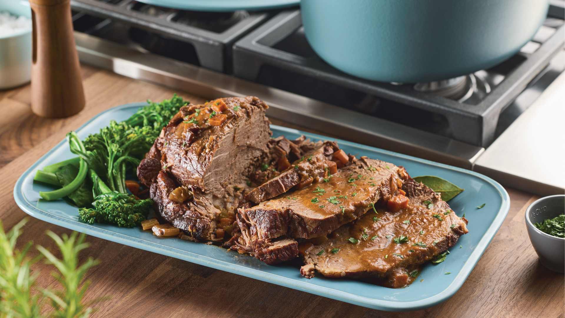 Braised Roast Beef Plated with Broccoli 