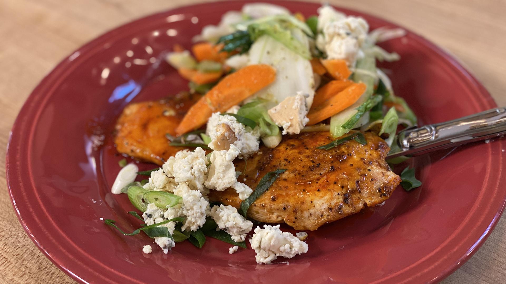 Buffalo Chicken Paillard With Slaw, Blue Cheese & Scallions